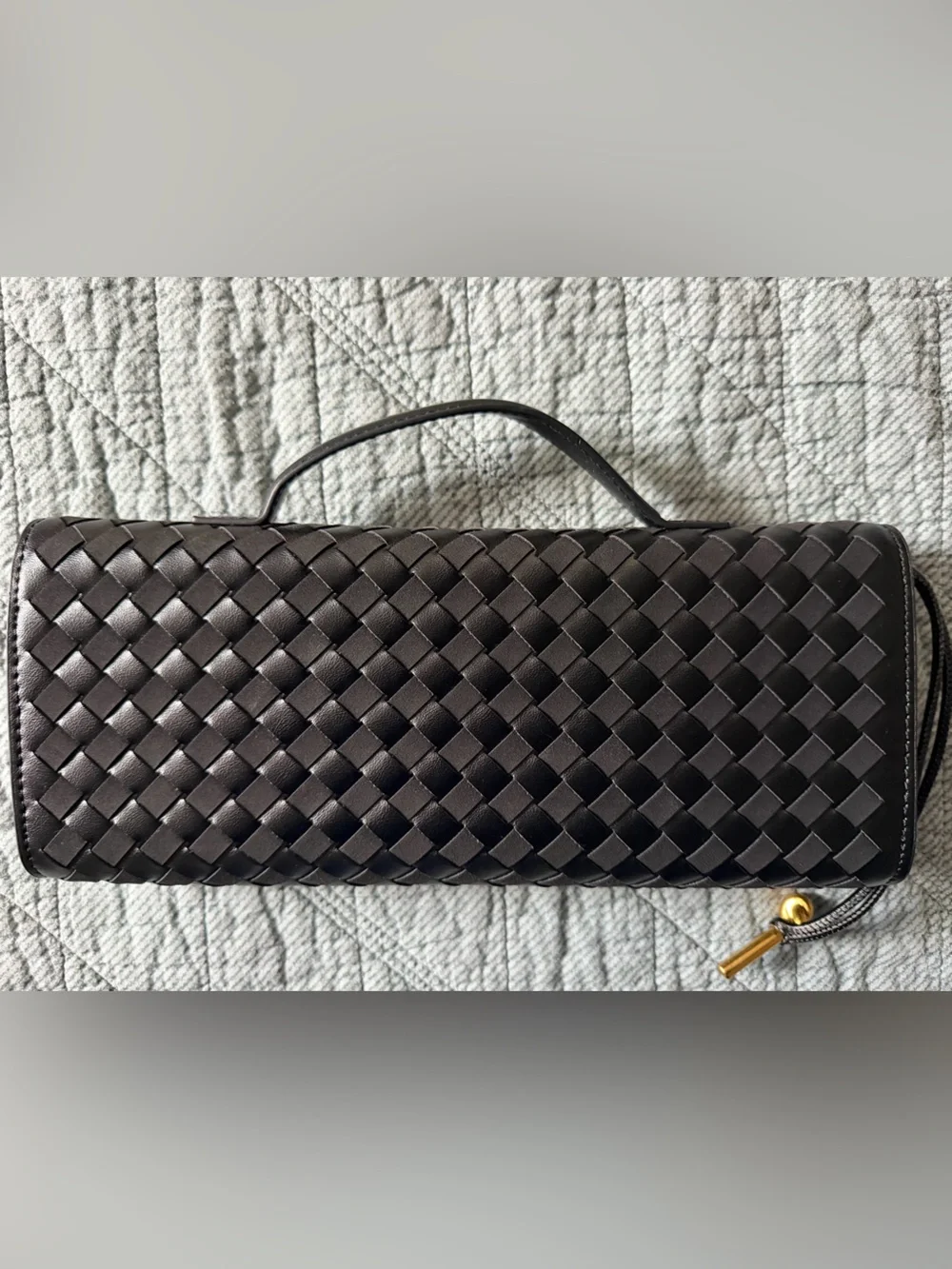 Black Woven vegan Leather Top-Handle Clutch with Gold Accent